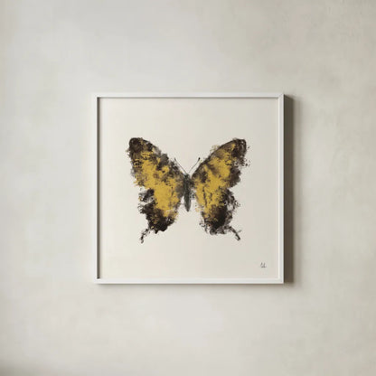 Golden Wings I by Sarah Adams. Shown in a crisp white glass frame for a clean and minimalist style. Available as an archival giclee rolled canvas, fine art paper, or poster print. SKU 92734a.