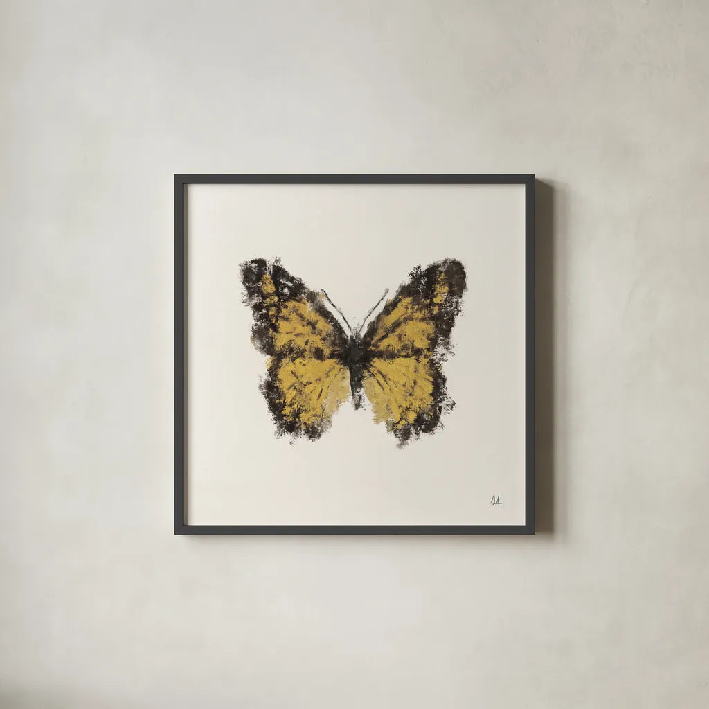 Golden Wings II by Sarah Adams. Shown in a sleek black glass frame for a contemporary gallery look. Available as an archival giclee rolled canvas, fine art paper, or poster print. SKU 92735a.