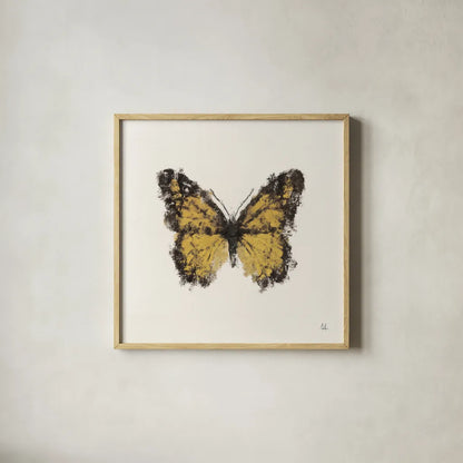 Golden Wings II by Sarah Adams. Shown in a natural wood glass frame for a timeless modern aesthetic. Available as an archival giclee rolled canvas, fine art paper, or poster print. SKU 92735a.