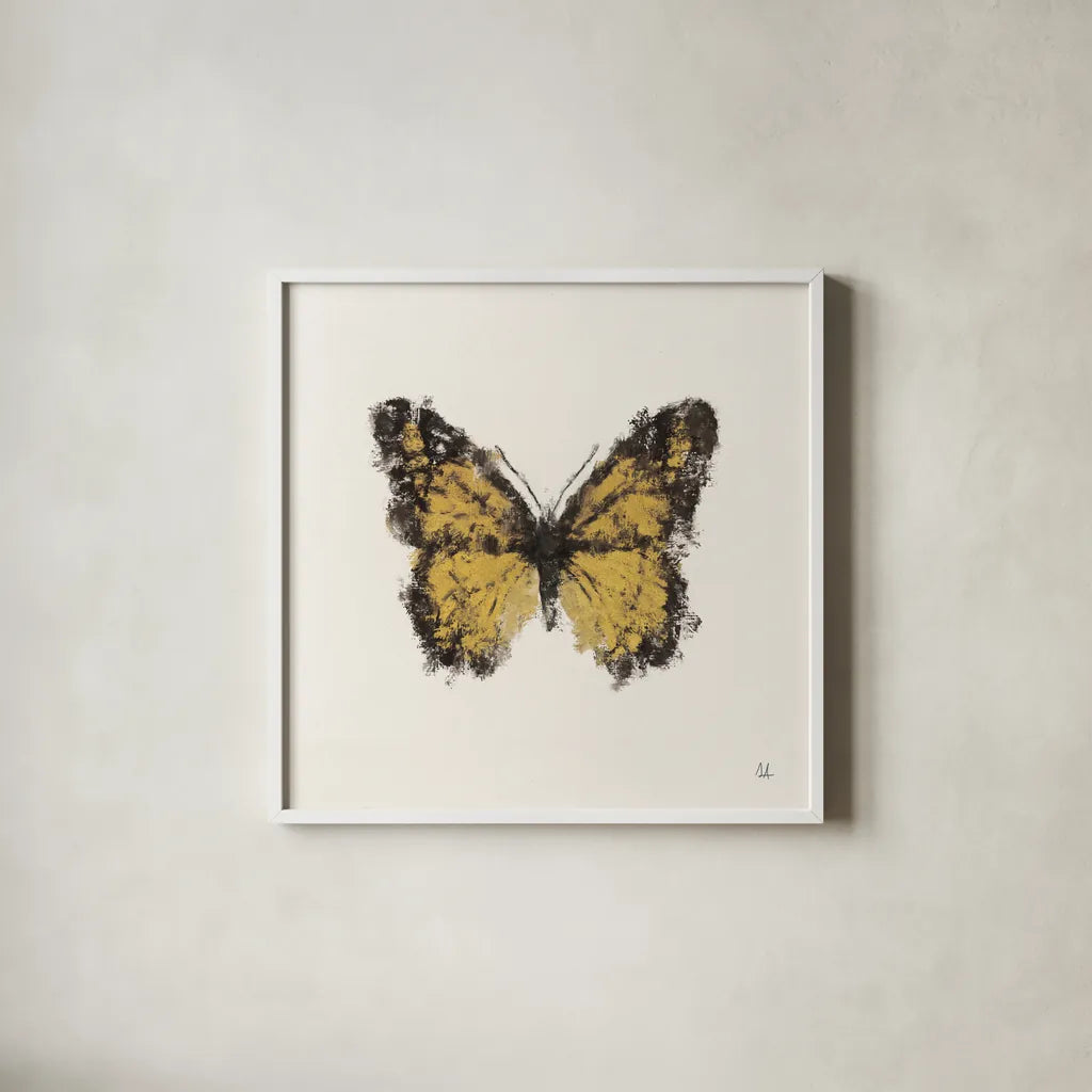Golden Wings II by Sarah Adams. Shown in a crisp white glass frame for a clean and minimalist style. Available as an archival giclee rolled canvas, fine art paper, or poster print. SKU 92735a.