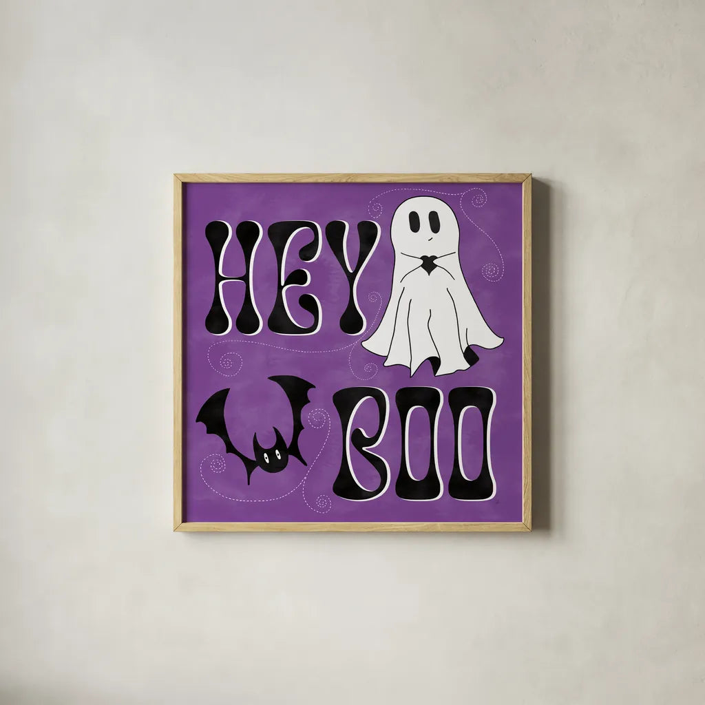 Hey Boo II by Sarah Adams. Shown in a natural wood glass frame for a timeless modern aesthetic. Available as an archival giclee rolled canvas, fine art paper, or poster print. SKU 85068a.
