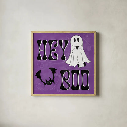 Hey Boo II by Sarah Adams. Shown in a natural wood glass frame for a timeless modern aesthetic. Available as an archival giclee rolled canvas, fine art paper, or poster print. SKU 85068a.