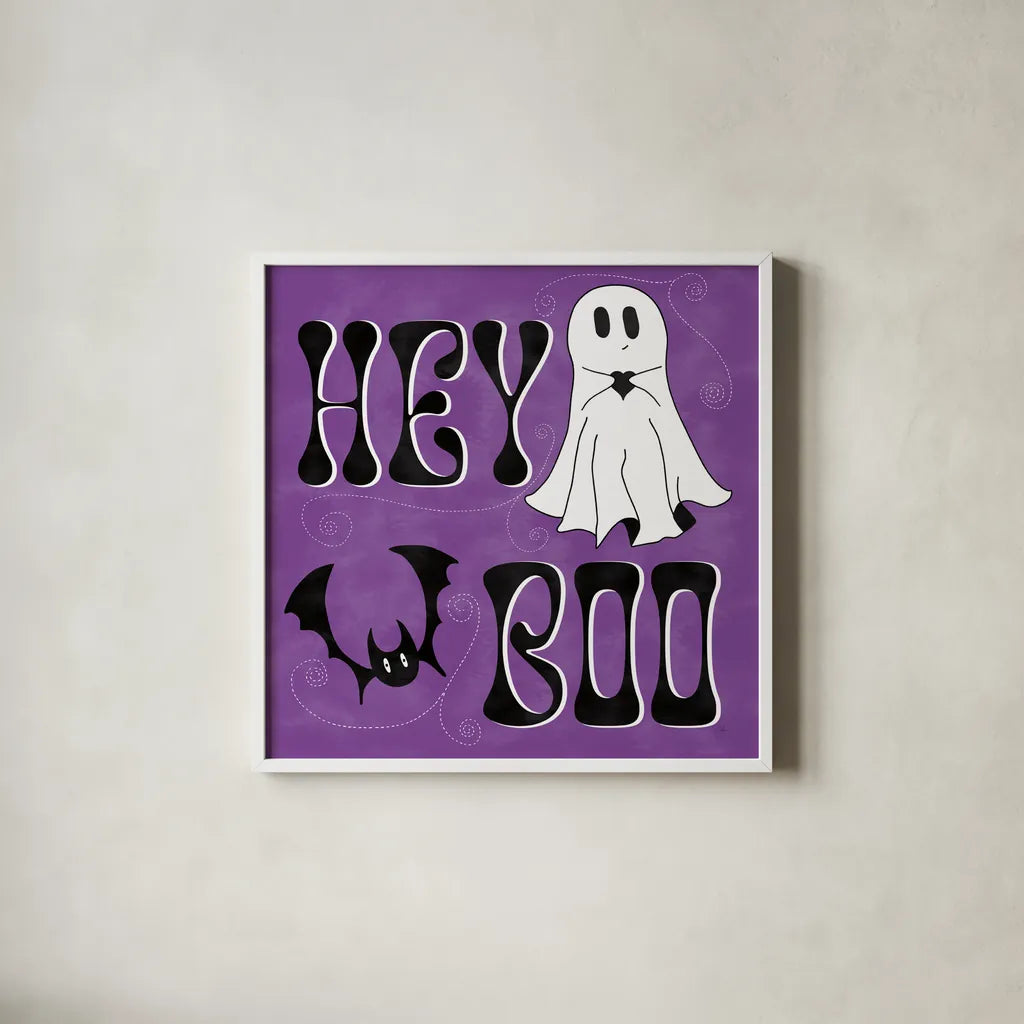 Hey Boo II by Sarah Adams. Shown in a crisp white glass frame for a clean and minimalist style. Available as an archival giclee rolled canvas, fine art paper, or poster print. SKU 85068a.