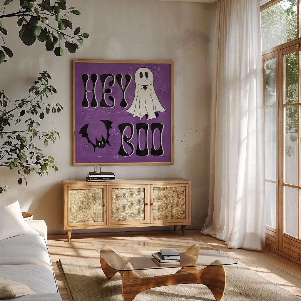 Hey Boo II by Sarah Adams. Shown in a natural wood frame in a cozy modern living room. Available as an archival giclee rolled canvas, fine art paper, or poster print. SKU 85068a.