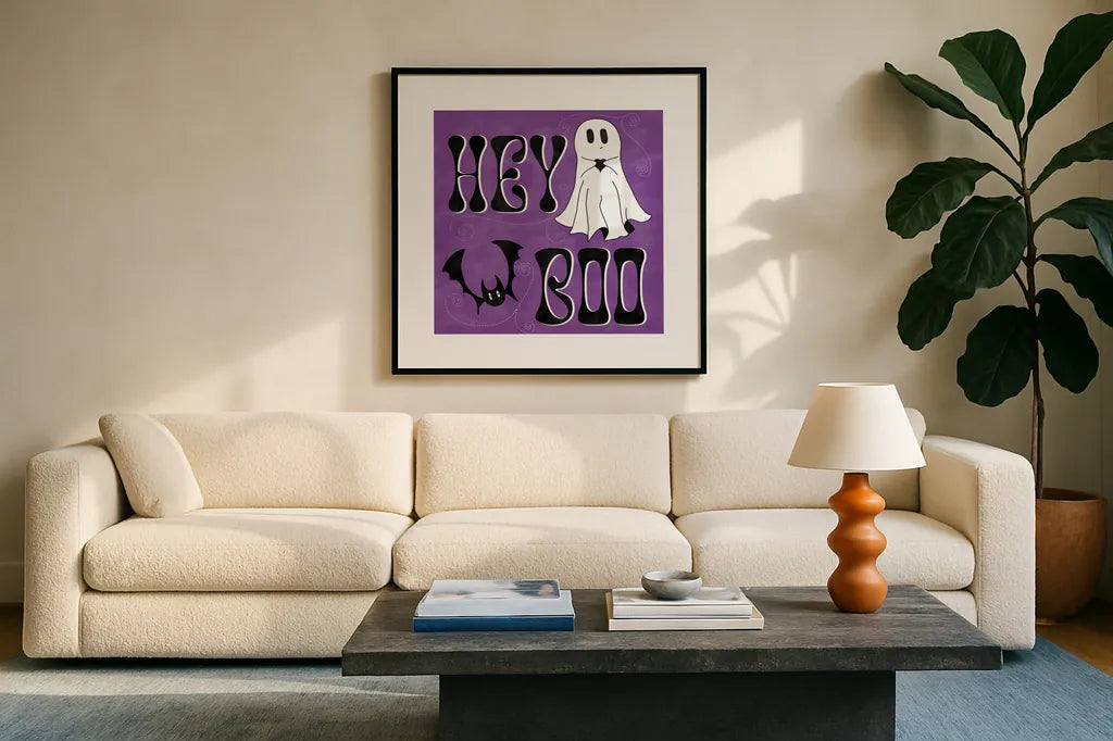 Hey Boo II by Sarah Adams. Displayed in a glass frame with matte in a clean modern living room. Available as an archival giclee rolled canvas, fine art paper, or poster print. SKU 85068a.