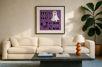 Hey Boo II by Sarah Adams. Displayed in a glass frame with matte in a clean modern living room. Available as an archival giclee rolled canvas, fine art paper, or poster print. SKU 85068a.