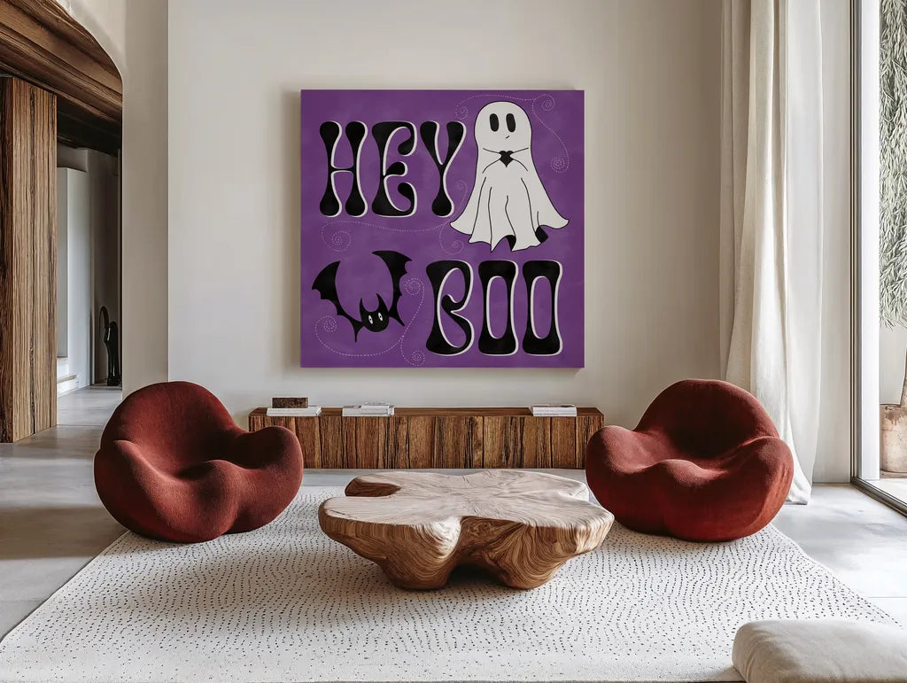 Hey Boo II by Sarah Adams. Shown as extra-large giant wall art in a modern living room. Available as an archival giclee rolled canvas, fine art paper, or poster print. SKU 85068a.
