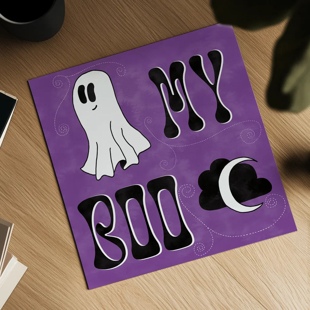 Hey Boo III by Sarah Adams. Shown as a detailed flat fine art print, highlighting archival giclee quality. Available as an archival giclee rolled canvas, fine art paper, or poster print. SKU 85069a.