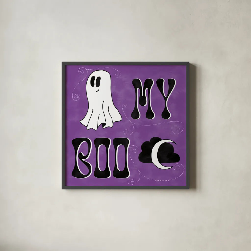 Hey Boo III by Sarah Adams. Shown in a sleek black glass frame for a contemporary gallery look. Available as an archival giclee rolled canvas, fine art paper, or poster print. SKU 85069a.
