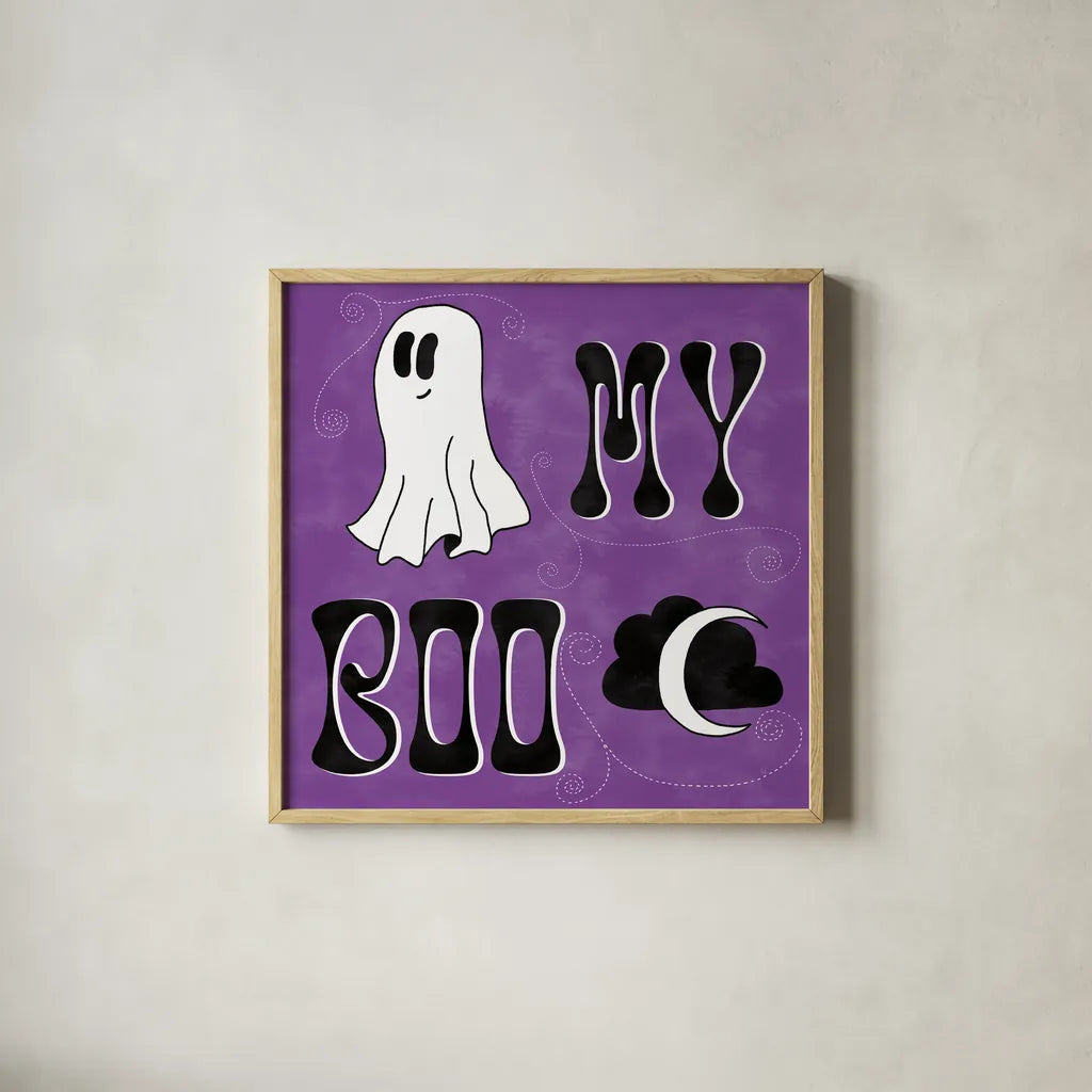 Hey Boo III by Sarah Adams. Shown in a natural wood glass frame for a timeless modern aesthetic. Available as an archival giclee rolled canvas, fine art paper, or poster print. SKU 85069a.