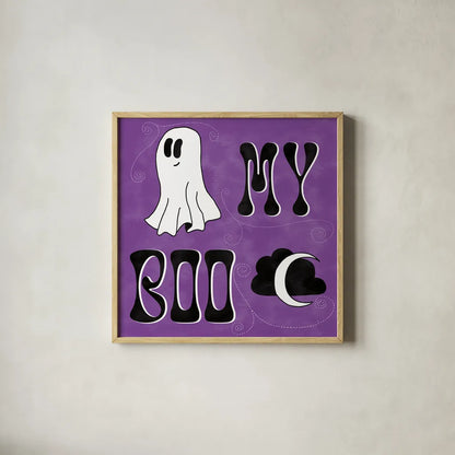Hey Boo III by Sarah Adams. Shown in a natural wood glass frame for a timeless modern aesthetic. Available as an archival giclee rolled canvas, fine art paper, or poster print. SKU 85069a.