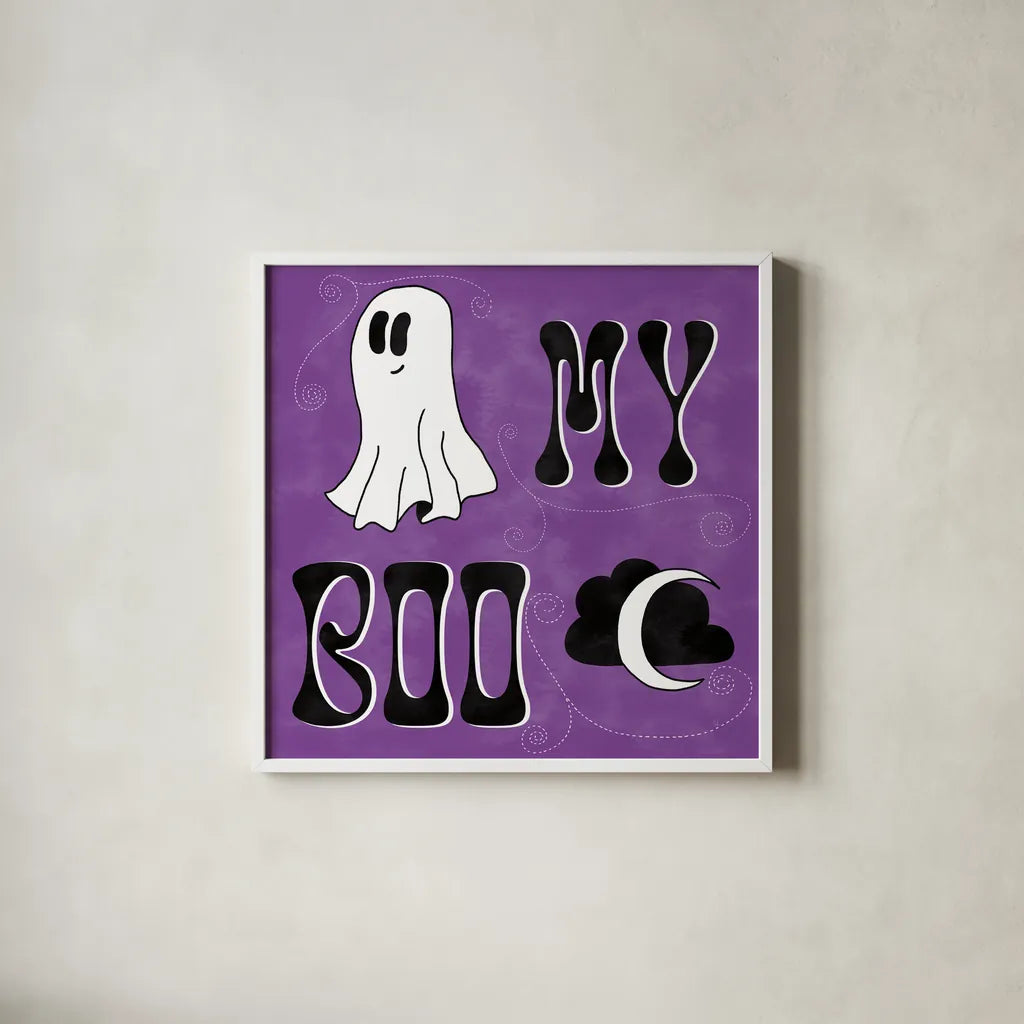 Hey Boo III by Sarah Adams. Shown in a crisp white glass frame for a clean and minimalist style. Available as an archival giclee rolled canvas, fine art paper, or poster print. SKU 85069a.