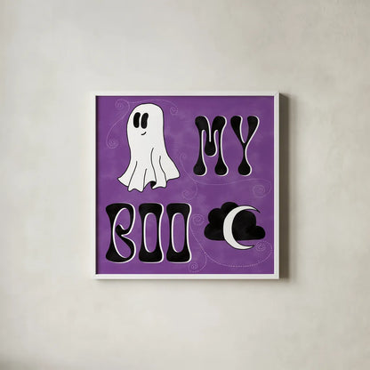 Hey Boo III by Sarah Adams. Shown in a crisp white glass frame for a clean and minimalist style. Available as an archival giclee rolled canvas, fine art paper, or poster print. SKU 85069a.