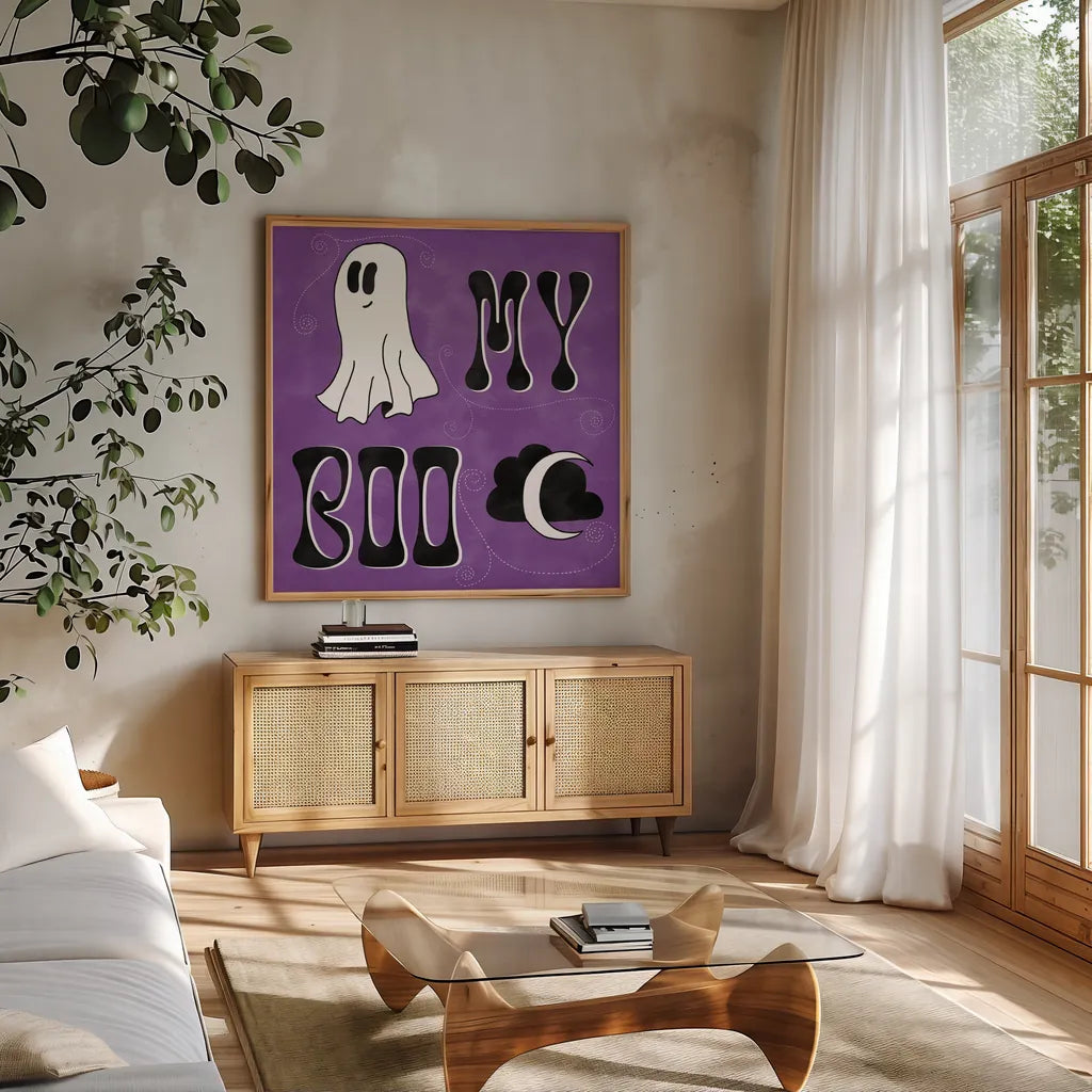 Hey Boo III by Sarah Adams. Shown in a natural wood frame in a cozy modern living room. Available as an archival giclee rolled canvas, fine art paper, or poster print. SKU 85069a.