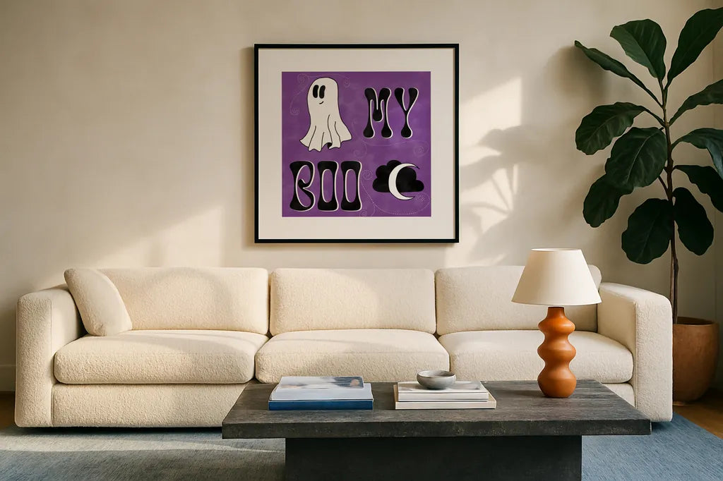 Hey Boo III by Sarah Adams. Displayed in a glass frame with matte in a clean modern living room. Available as an archival giclee rolled canvas, fine art paper, or poster print. SKU 85069a.