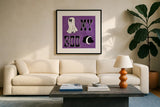 Hey Boo III by Sarah Adams. Displayed in a glass frame with matte in a clean modern living room. Available as an archival giclee rolled canvas, fine art paper, or poster print. SKU 85069a.