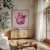 Howdy II by Sarah Adams. Shown in a natural wood frame in a cozy modern living room. Available as an archival giclee rolled canvas, fine art paper, or poster print. SKU 93240a.