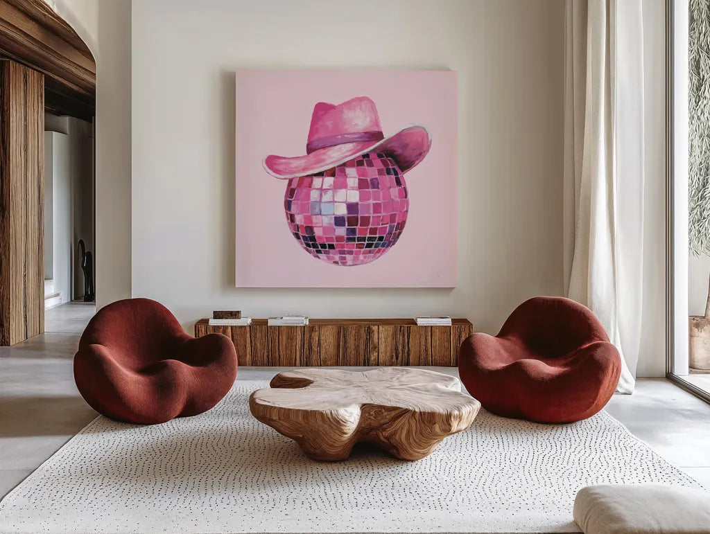 Howdy II by Sarah Adams. Shown as extra-large giant wall art in a modern living room. Available as an archival giclee rolled canvas, fine art paper, or poster print. SKU 93240a.