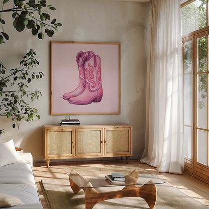 Howdy III by Sarah Adams. Shown in a natural wood frame in a cozy modern living room. Available as an archival giclee rolled canvas, fine art paper, or poster print. SKU 93241a.