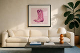 Howdy III by Sarah Adams. Displayed in a glass frame with matte in a clean modern living room. Available as an archival giclee rolled canvas, fine art paper, or poster print. SKU 93241a.
