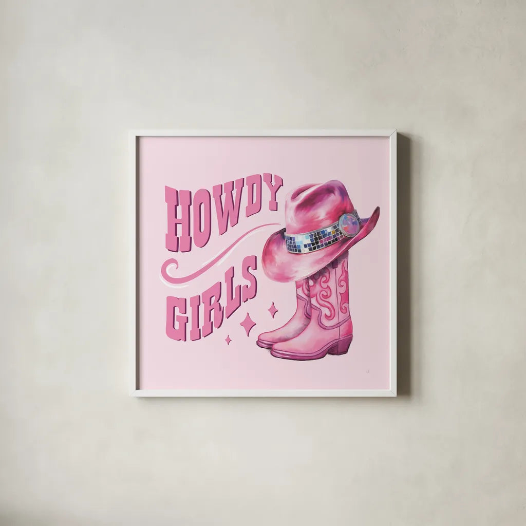 Howdy V by Sarah Adams. Shown in a crisp white glass frame for a clean and minimalist style. Available as an archival giclee rolled canvas, fine art paper, or poster print. SKU 93243a.