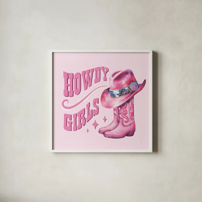 Howdy V by Sarah Adams. Shown in a crisp white glass frame for a clean and minimalist style. Available as an archival giclee rolled canvas, fine art paper, or poster print. SKU 93243a.