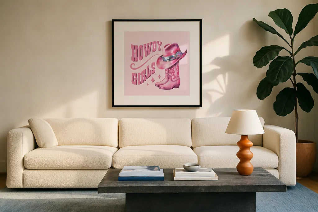 Howdy V by Sarah Adams. Displayed in a glass frame with matte in a clean modern living room. Available as an archival giclee rolled canvas, fine art paper, or poster print. SKU 93243a.