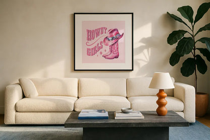 Howdy V by Sarah Adams. Displayed in a glass frame with matte in a clean modern living room. Available as an archival giclee rolled canvas, fine art paper, or poster print. SKU 93243a.