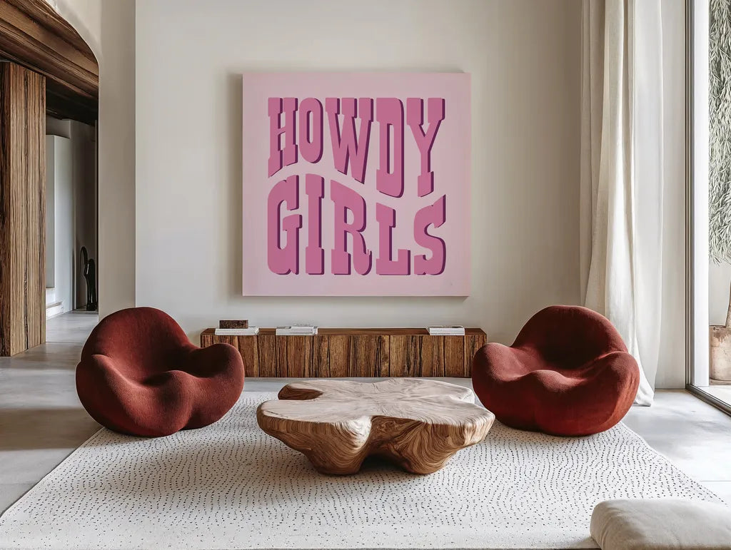 Howdy VII by Sarah Adams. Shown as extra-large giant wall art in a modern living room. Available as an archival giclee rolled canvas, fine art paper, or poster print. SKU 93245a.