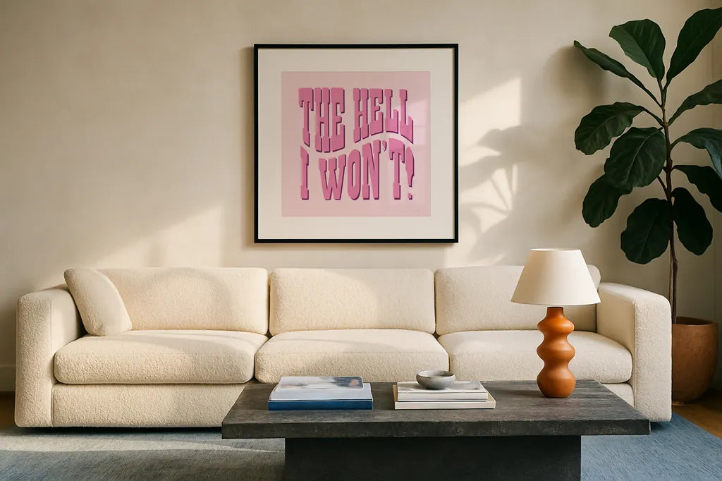 Howdy VIII by Sarah Adams. Displayed in a glass frame with matte in a clean modern living room. Available as an archival giclee rolled canvas, fine art paper, or poster print. SKU 93246a.