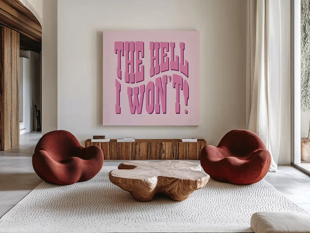 Howdy VIII by Sarah Adams. Shown as extra-large giant wall art in a modern living room. Available as an archival giclee rolled canvas, fine art paper, or poster print. SKU 93246a.