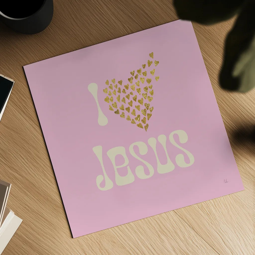 I Love Jesus by Sarah Adams. Shown as a detailed flat fine art print, highlighting archival giclee quality. Available as an archival giclee rolled canvas, fine art paper, or poster print. SKU 84075a.