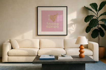 I Love Jesus by Sarah Adams. Displayed in a glass frame with matte in a clean modern living room. Available as an archival giclee rolled canvas, fine art paper, or poster print. SKU 84075a.