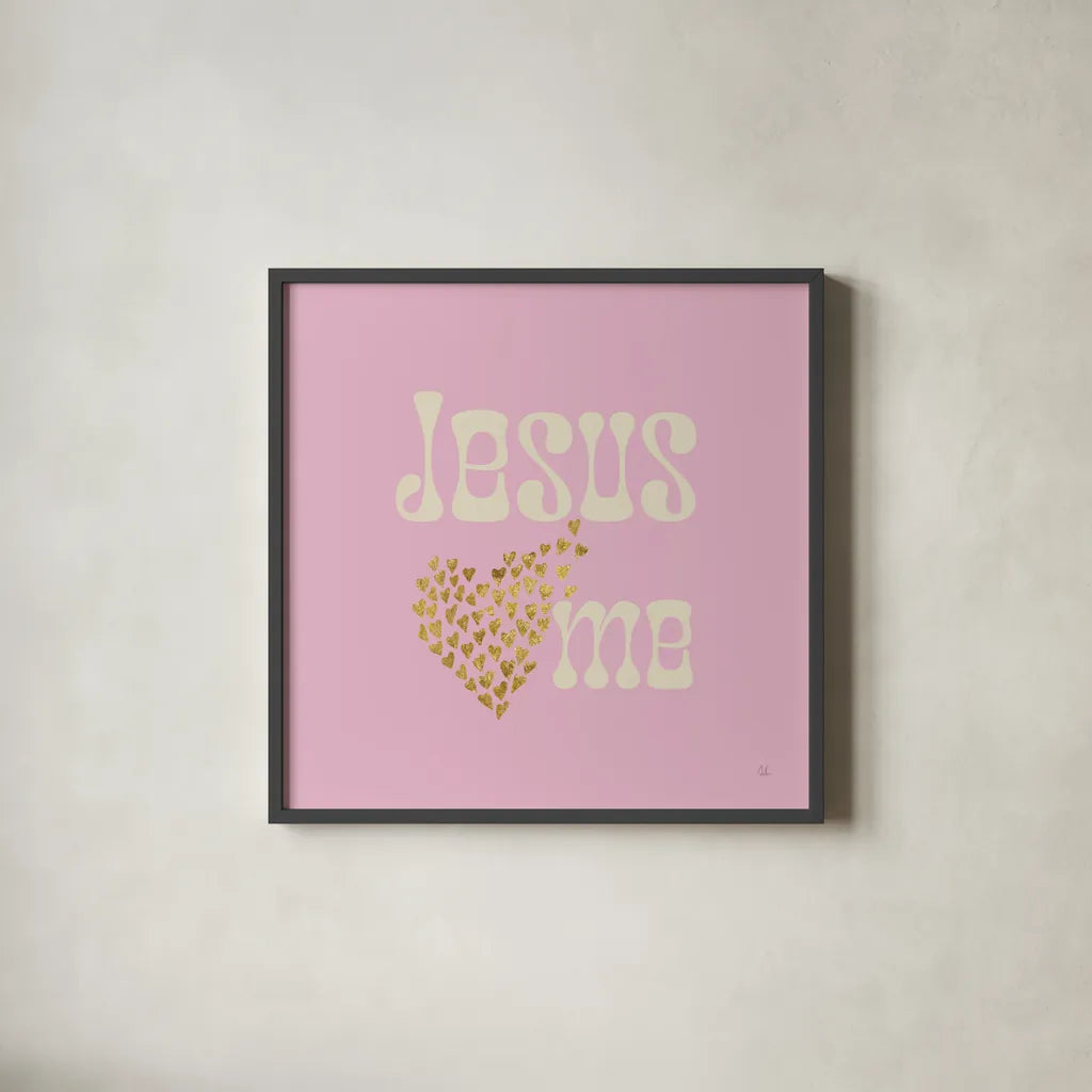 Jesus Loves Me by Sarah Adams. Shown in a sleek black glass frame for a contemporary gallery look. Available as an archival giclee rolled canvas, fine art paper, or poster print. SKU 84076a.
