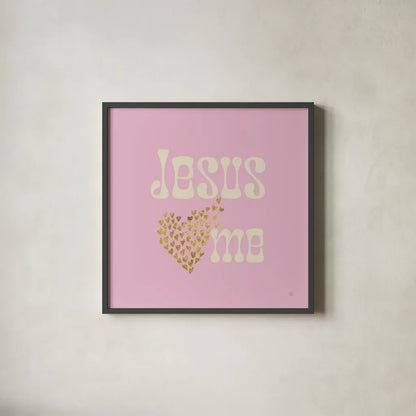 Jesus Loves Me by Sarah Adams. Shown in a sleek black glass frame for a contemporary gallery look. Available as an archival giclee rolled canvas, fine art paper, or poster print. SKU 84076a.