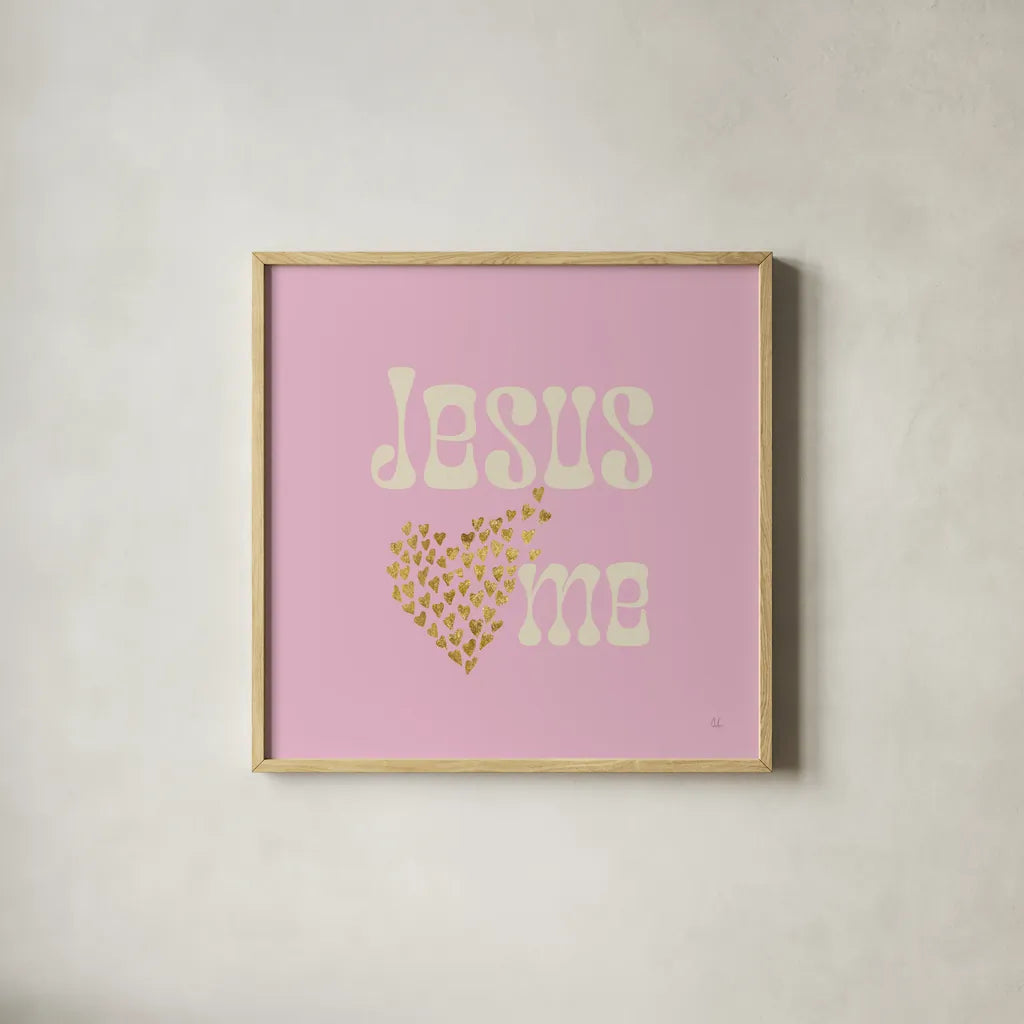Jesus Loves Me by Sarah Adams. Shown in a natural wood glass frame for a timeless modern aesthetic. Available as an archival giclee rolled canvas, fine art paper, or poster print. SKU 84076a.