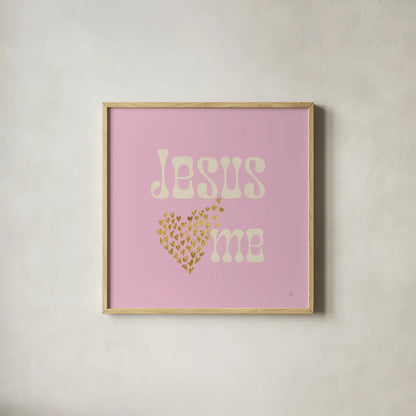 Jesus Loves Me by Sarah Adams. Shown in a natural wood glass frame for a timeless modern aesthetic. Available as an archival giclee rolled canvas, fine art paper, or poster print. SKU 84076a.