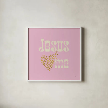 Jesus Loves Me by Sarah Adams. Shown in a crisp white glass frame for a clean and minimalist style. Available as an archival giclee rolled canvas, fine art paper, or poster print. SKU 84076a.