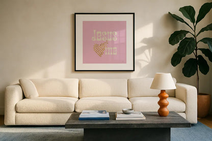 Jesus Loves Me by Sarah Adams. Displayed in a glass frame with matte in a clean modern living room. Available as an archival giclee rolled canvas, fine art paper, or poster print. SKU 84076a.