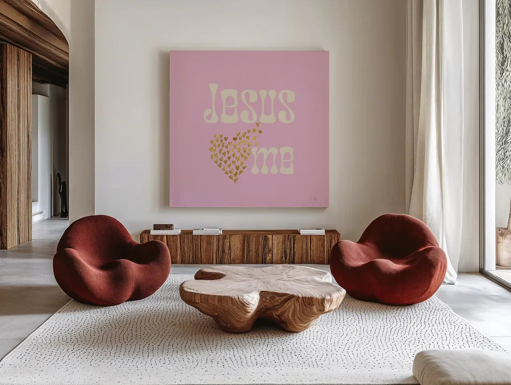 Jesus Loves Me by Sarah Adams. Shown as extra-large giant wall art in a modern living room. Available as an archival giclee rolled canvas, fine art paper, or poster print. SKU 84076a.
