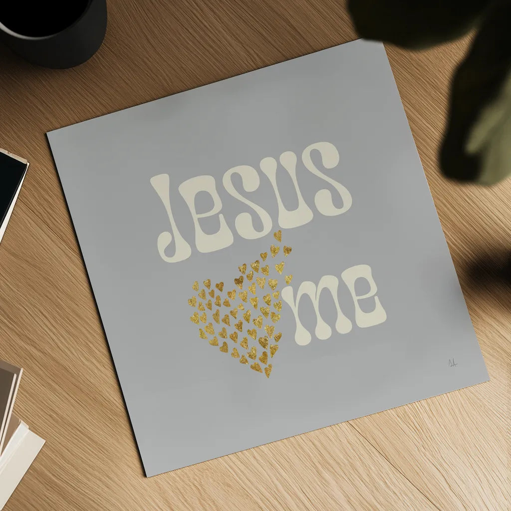 Jesus Loves Me Gray by Sarah Adams. Shown as a detailed flat fine art print, highlighting archival giclee quality. Available as an archival giclee rolled canvas, fine art paper, or poster print. SKU 84293a.