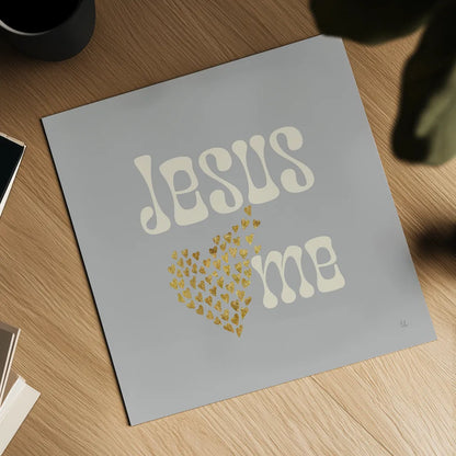 Jesus Loves Me Gray by Sarah Adams. Shown as a detailed flat fine art print, highlighting archival giclee quality. Available as an archival giclee rolled canvas, fine art paper, or poster print. SKU 84293a.