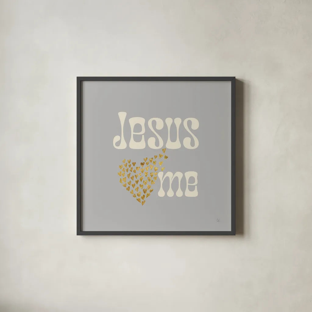 Jesus Loves Me Gray by Sarah Adams. Shown in a sleek black glass frame for a contemporary gallery look. Available as an archival giclee rolled canvas, fine art paper, or poster print. SKU 84293a.