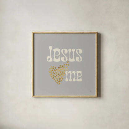 Jesus Loves Me Gray by Sarah Adams. Shown in a natural wood glass frame for a timeless modern aesthetic. Available as an archival giclee rolled canvas, fine art paper, or poster print. SKU 84293a.