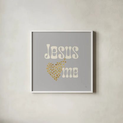 Jesus Loves Me Gray by Sarah Adams. Shown in a crisp white glass frame for a clean and minimalist style. Available as an archival giclee rolled canvas, fine art paper, or poster print. SKU 84293a.