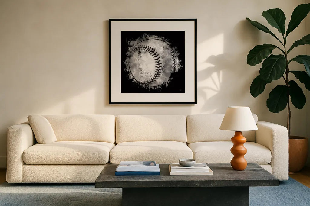 Let the Games Begin I Neutral by Sarah Adams. Displayed in a glass frame with matte in a clean modern living room. Available as an archival giclee rolled canvas, fine art paper, or poster print. SKU 90963a.