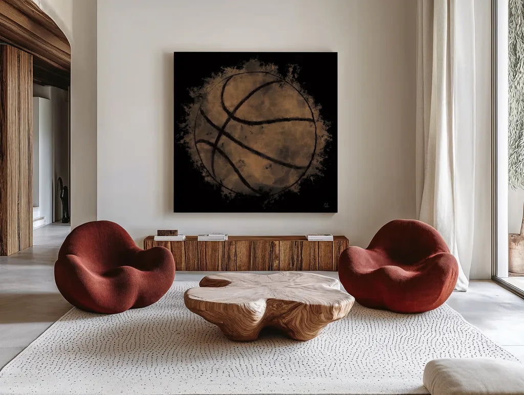 Let the Games Begin II Neutral by Sarah Adams. Shown as extra-large giant wall art in a modern living room. Available as an archival giclee rolled canvas, fine art paper, or poster print. SKU 90964a.