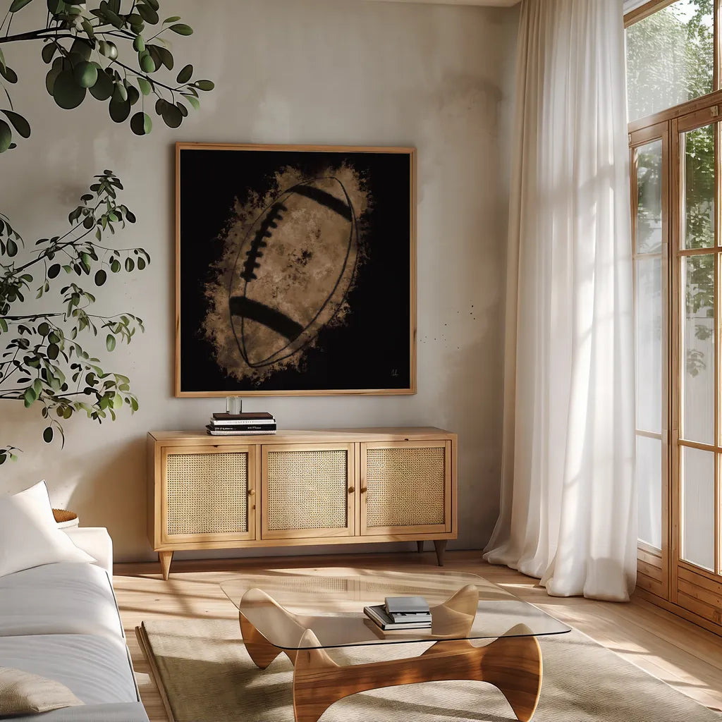 Let the Games Begin III Neutral by Sarah Adams. Shown in a natural wood frame in a cozy modern living room. Available as an archival giclee rolled canvas, fine art paper, or poster print. SKU 90965a.