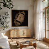 Let the Games Begin III Neutral by Sarah Adams. Shown in a natural wood frame in a cozy modern living room. Available as an archival giclee rolled canvas, fine art paper, or poster print. SKU 90965a.