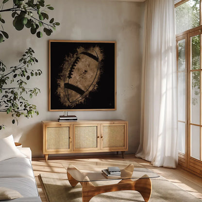 Let the Games Begin III Neutral by Sarah Adams. Shown in a natural wood frame in a cozy modern living room. Available as an archival giclee rolled canvas, fine art paper, or poster print. SKU 90965a.